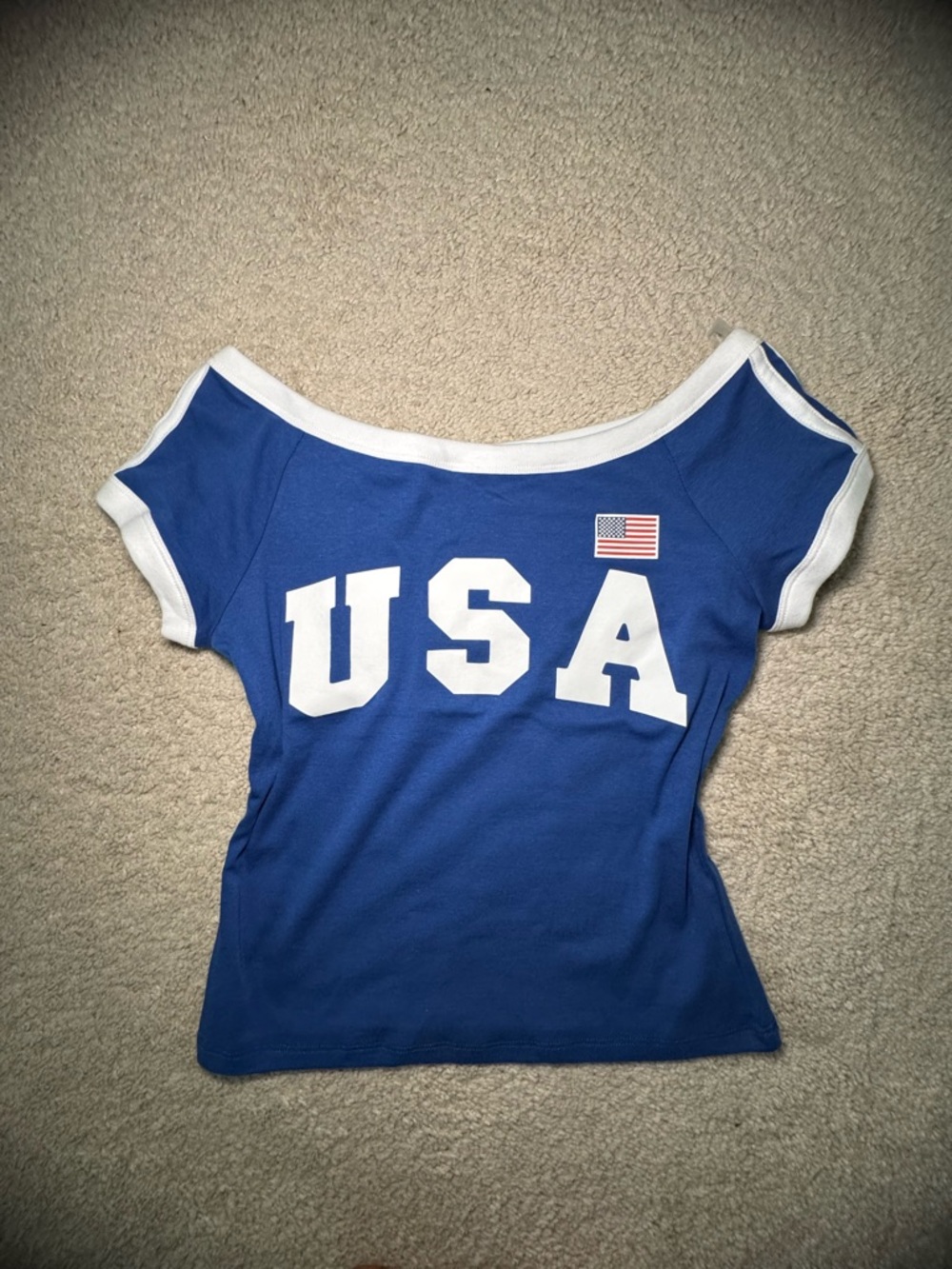 Cold Crush Blue Off-Shoulder USA Soccer Futbol Crop Junior Top with White Trim